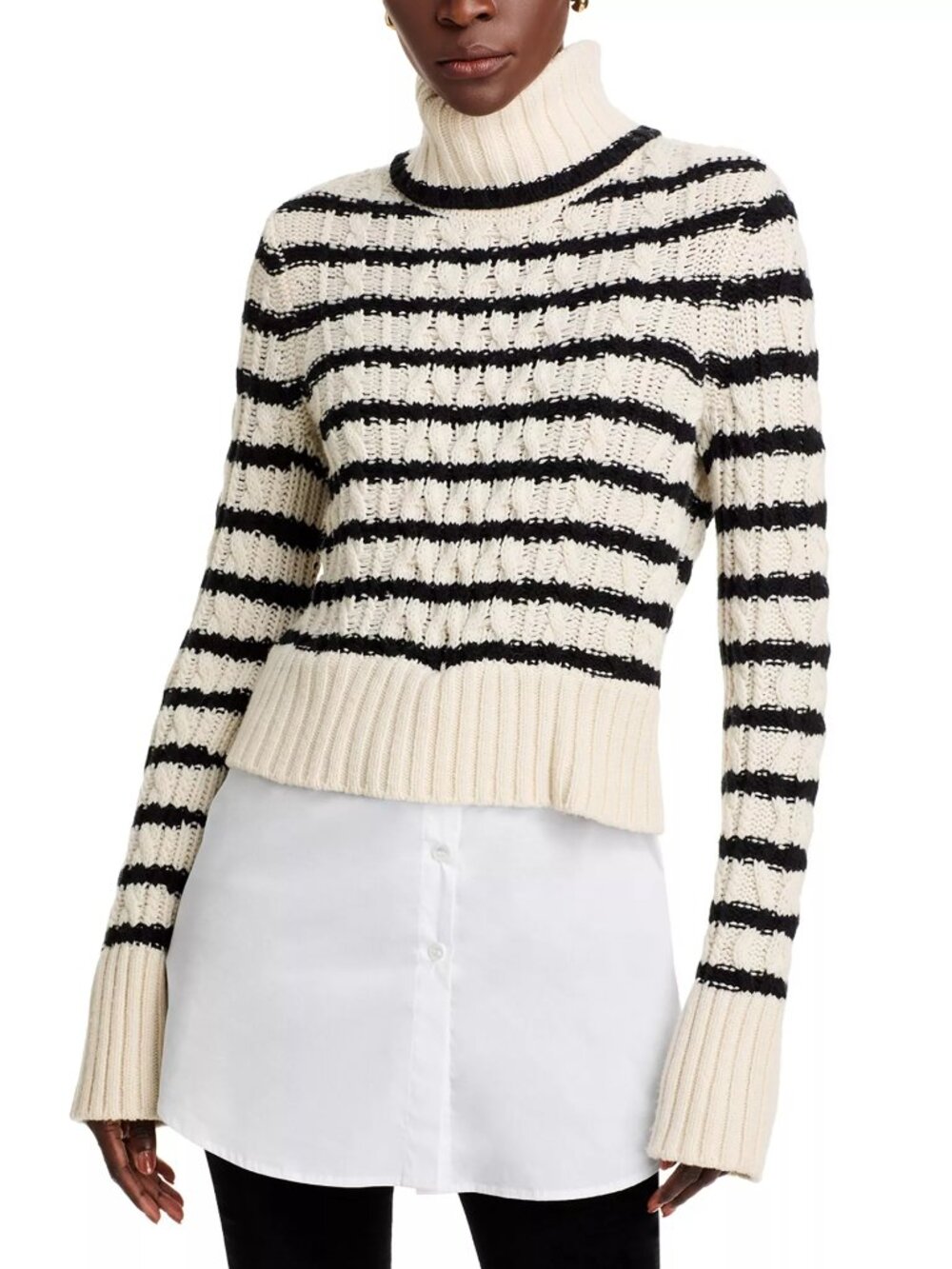 Veronica Beard Iyla Striped Cable-Knit Wool and Cotton Blend Poplin Sweater